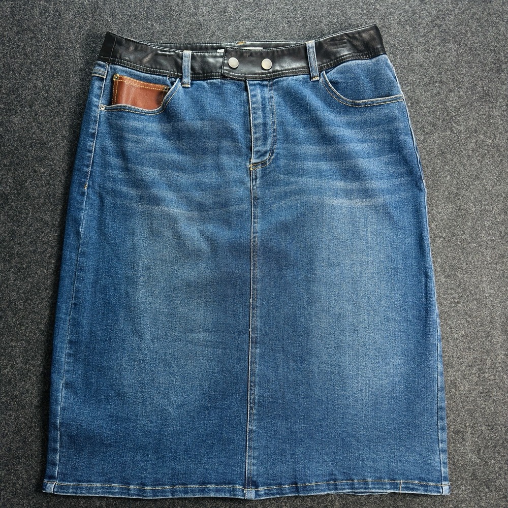 EST 1946 Denim Skirt Mid Length street chic Faux Leather Trim/ Pockets SZ 14